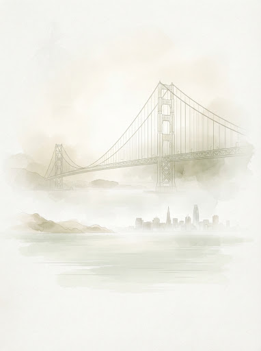 Subtle Bay Area Golden Gate Bridge Watercolor Line Illustration